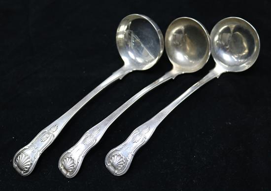 Three 19th century Scottish silver Kings pattern sauce ladles, 3.5 oz.